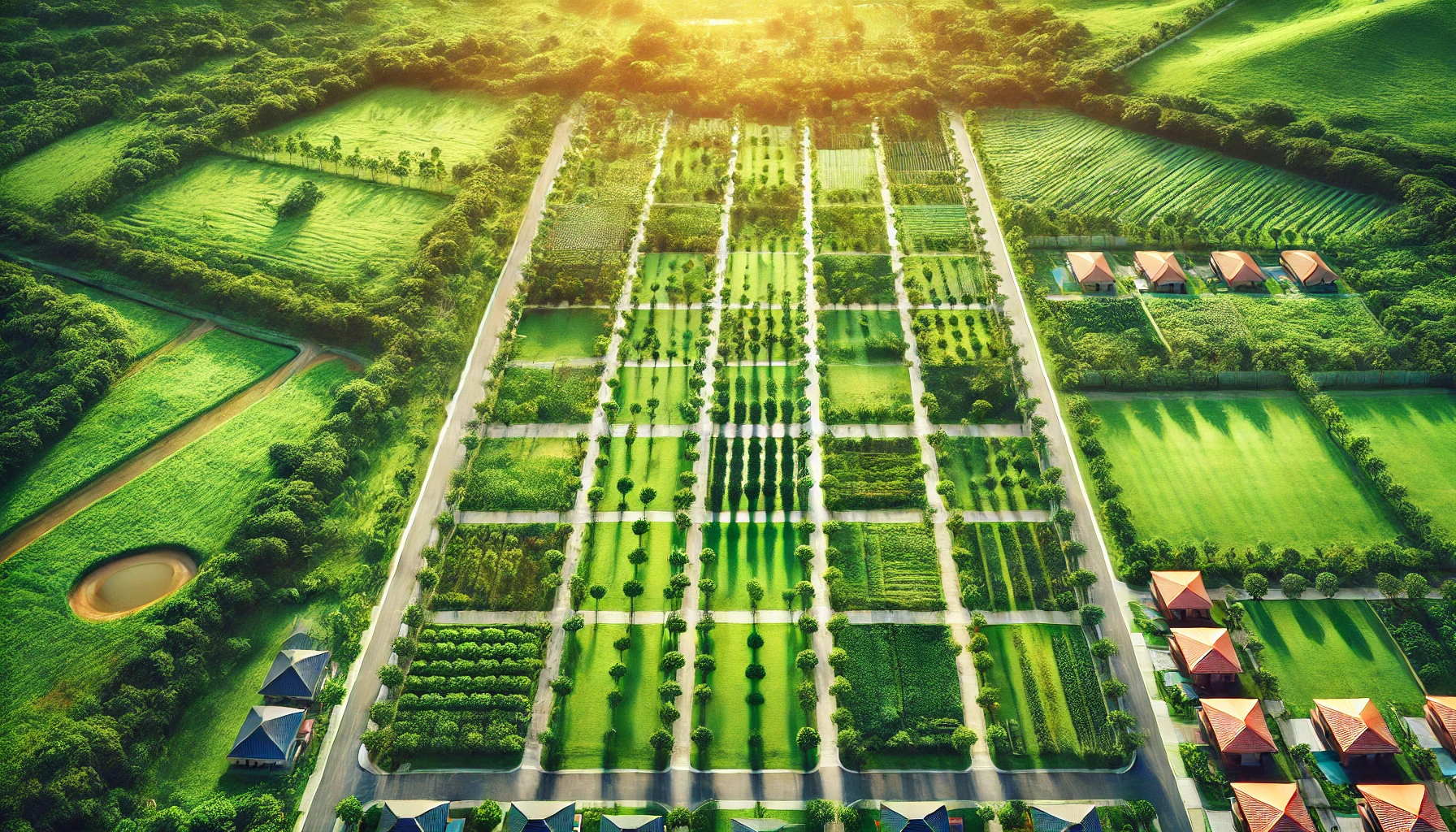 Dall·e 2024-10-18 15.56.44 - A Vibrant Aerial View Of A Lush Green Area Divided Into Well-organized Plots. The Landscape Features Neatly Cut Plots Of Land, Surrounded By Greenery,