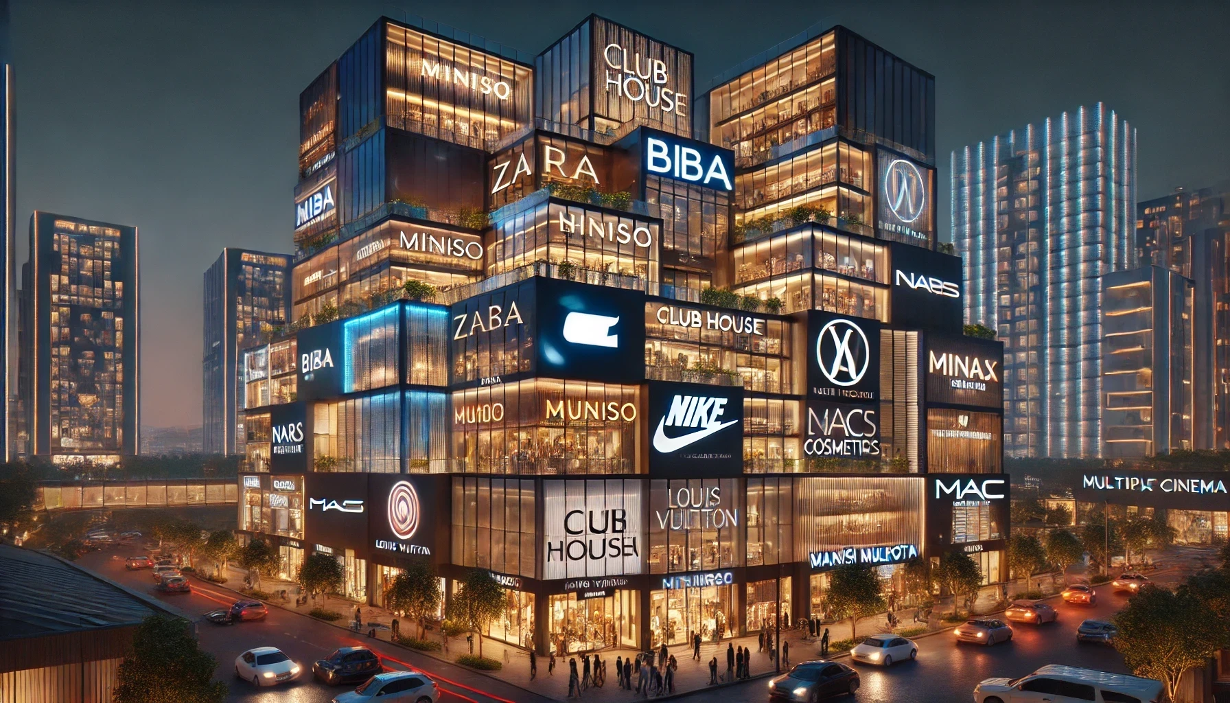 Dall·e 2024-10-18 16.55.25 - A Night-time View Of A Modern Commercial Property In Gurugram, India, With High-rise Buildings Illuminated By Major Brand Logos Such As Zara, Nike, Mi